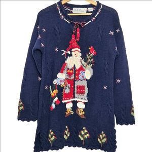Vtg Belle Pointe Wool Santa Saint Nick Navy Christmas Sweater Women's Medium